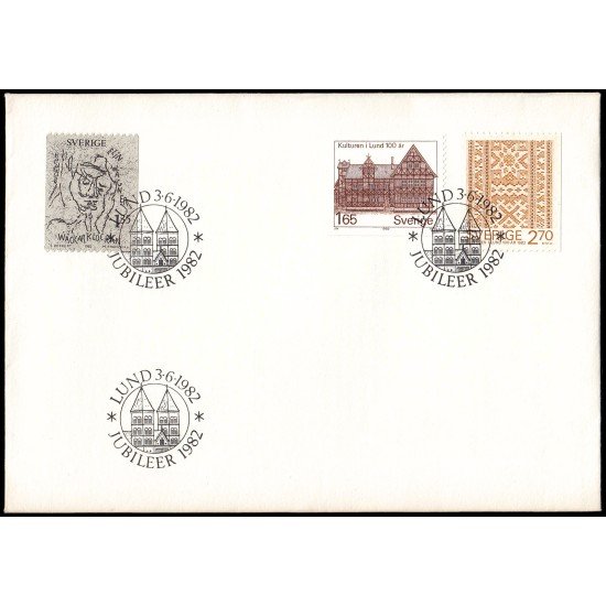 Suecia Sweden SPD FDC 1175/77 1982 Centenario del Museo de Lund, 100 aniv. del nacimiento del escritor Elin Wagner Sobre primer día