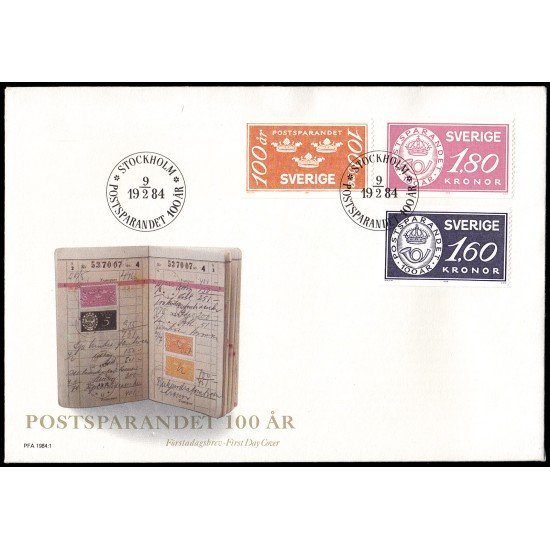 Suecia Sweden SPD FDC 1249/51 1984 Centenario de la caja de ahorros postal sueca Sobre primer día Suecia Sweden SPD FDC 1249/51 1984 Centenario de la caja de ahorros postal sueca Sobre primer día