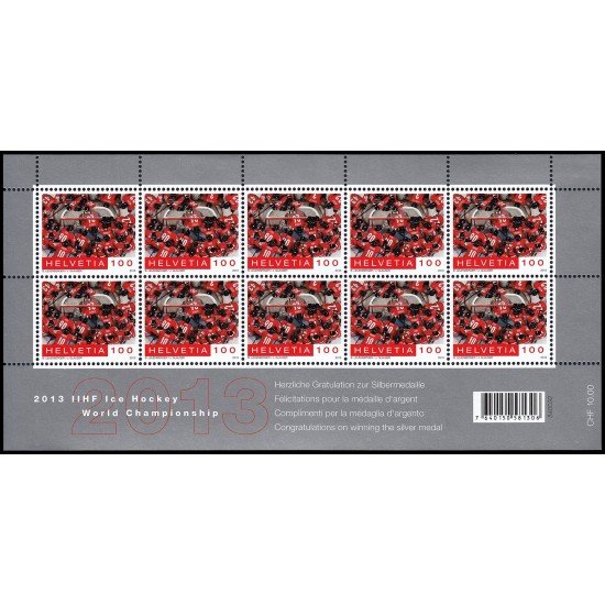 Suiza Switzerland  2228 2013 Deporte Equipo suizo de hockey sobre hielo,medalla de plata campeonatos del mundo 2013 minihojita MNH