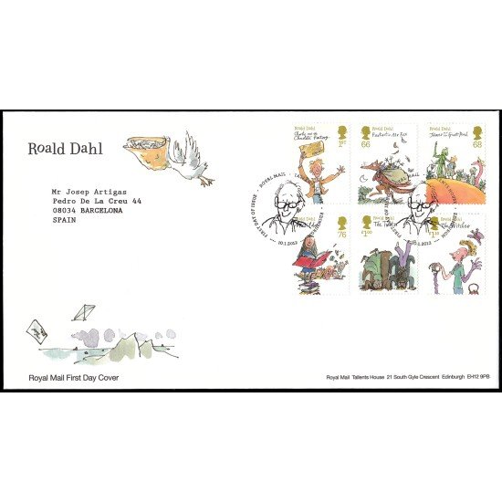 Gran Bretaña HB 90 2012 SPD FDC Personalidades Roald Dahl escritor Great Missenden Sobre primer día Gran Bretaña HB 90 2012 SPD FDC Personalidades Roald Dahl escritor Great Missenden Sobre primer día