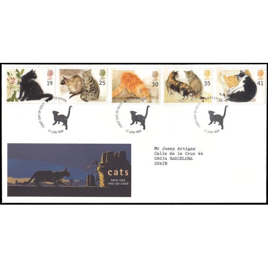 Gran Bretaña 1789/93 1995 SPD FDC Gatos Acuarelas de Elizabeth Blackadder Kitts Green Sobre primer día