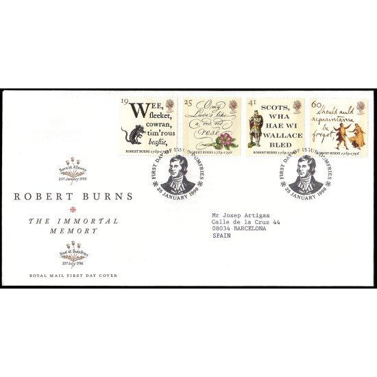 Gran Bretaña 1847/50 1996 SPD FDC 200 aniv. de la muerte del poeta escocés Robert Burns Dumfries Sobre primer día Gran Bretaña 1847/50 1996 SPD FDC 200 aniv. de la muerte del poeta escocés Robert Burns Dumfries Sobre primer día
