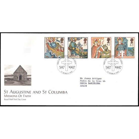 Gran Bretaña 1942/45 1997 SPD FDC Aniversarios religiosos Asle of Iona Sobre primer día Gran Bretaña 1942/45 1997 SPD FDC Aniversarios religiosos Asle of Iona Sobre primer día