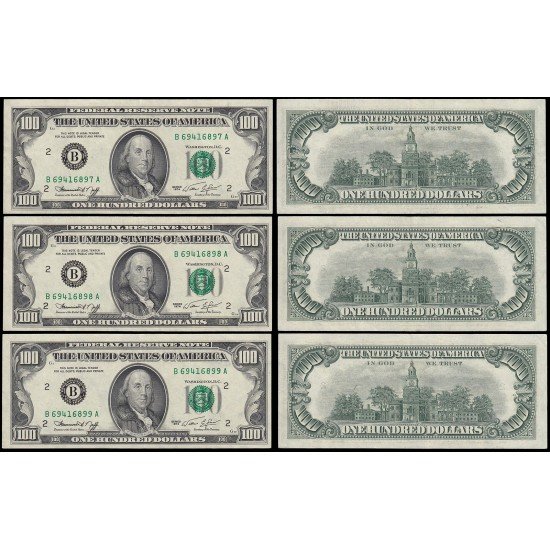 Billetes Estados Unidos 100$ 1974 Trío, numeración correlativa Serie B