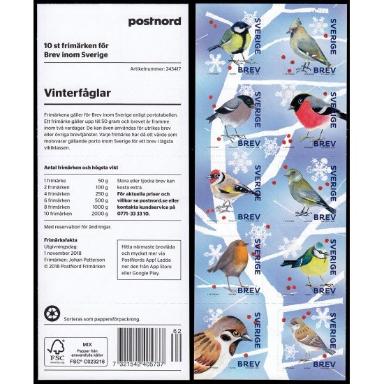 Suecia Sweden C3227 2018 Fauna Pájaros Carnet Autoadhesivos
