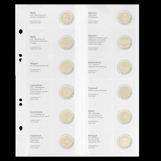 Lindner MU2E34 Hoja impresa Multi Collect para monedas de 2 € conmemorativos: Malta 2023 Portugal 2024 