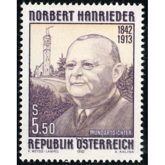 Öesterreich Austria   Nº 1889   1992  150º Aniv. del nacimiento de Norbert Hanrieder-escritor-Lujo