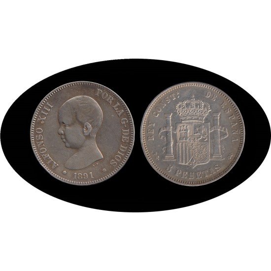 España 5 Pesetas Plata Duro 1891 *91 PG M Alfonso XIII España 5 Pesetas Plata Duro 1891 *91 PG M Alfonso XIII