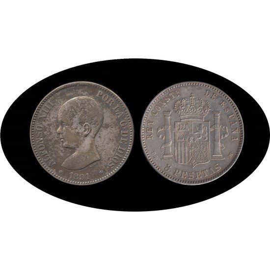 España 5 Pesetas Plata Duro 1891 *91 PG M Alfonso XIII