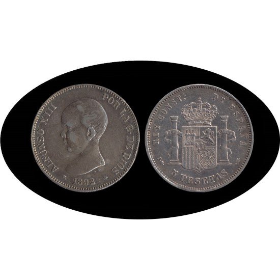 España 5 Pesetas Plata Duro 1892 *92 PG M Alfonso XIII España 5 Pesetas Plata Duro 1892 *92 PG M Alfonso XIII