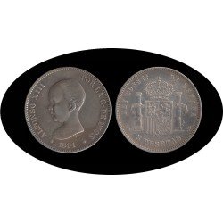 España 5 Pesetas Plata Duro 1891 *91 PG M Alfonso XIII España 5 Pesetas Plata Duro 1891 *91 PG M Alfonso XIII