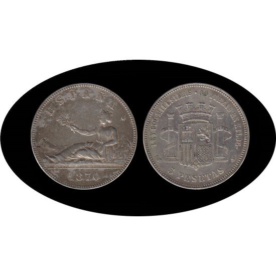 España 5 Pesetas Plata Duro 1870 *70 SN M Gobierno Provisional España 5 Pesetas Plata Duro 1870 *70 SN M Gobierno Provisional