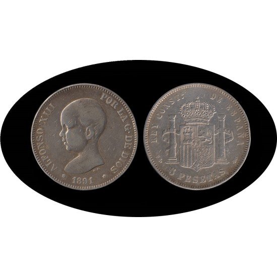 España 5 Pesetas Plata Duro 1891 *91 PG M Alfonso XIII España 5 Pesetas Plata Duro 1891 *91 PG M Alfonso XIII