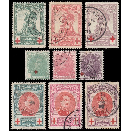 Bélgica 126/34 1914 Rey Alberto I Cruz roja Usados Bélgica 126/34 1914 Rey Alberto I Cruz roja Usados