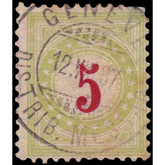 Suiza Switzerland Tasa 15 1883 Cifra carmín-roja Papel con fragmentos de hilo de seda Usado