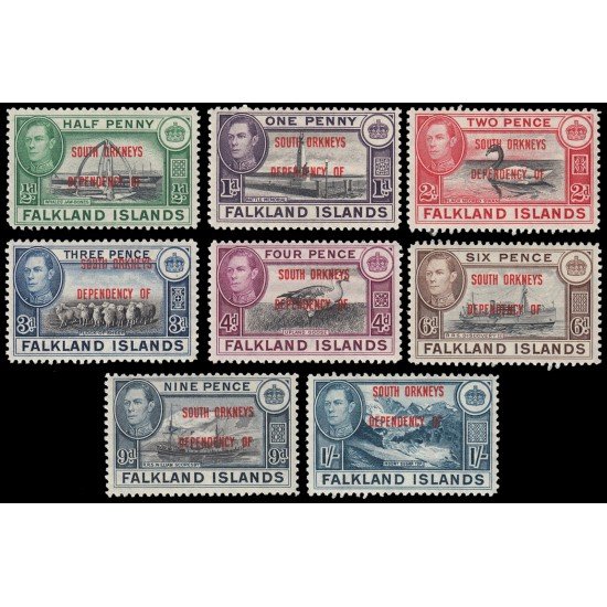 Falkland Islands Islas Malvinas 17/24 1944 Sellos anteriores con sobrecarga roja Dependencias Orcadas del Sur MNH