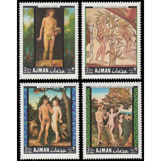 Ajman Aéreo 33 (4 valores) 1968 Pintura Adan y Eva MNH