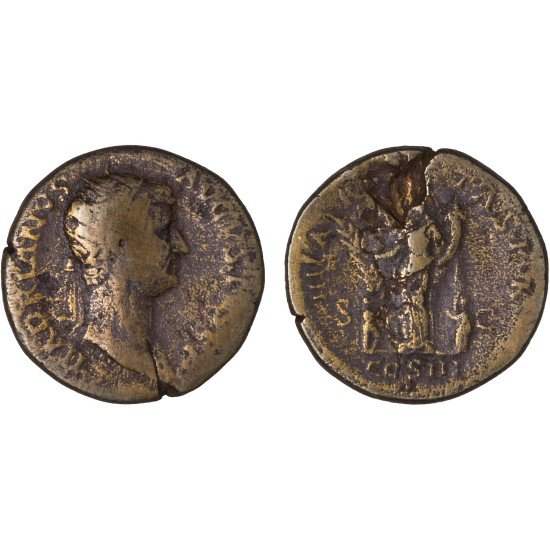 Moneda Imperio Romano Dupondio Adriano 128 d.C.