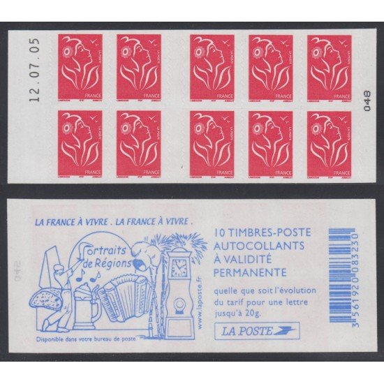 France Francia Carnets  3744-C6  Serie Marianne de Lamouche Carnet 10 sellos nº 3744 (tipo II) Regiones Torre, casa, bicicleta... en reverso Autoadhesivo MNH