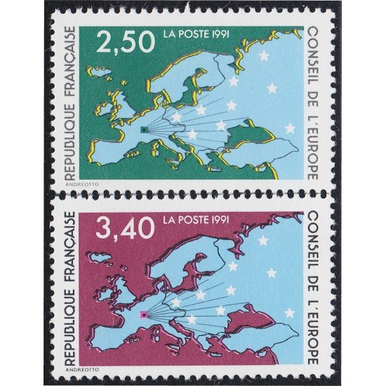 France Francia Servicios 106/07 1991 Consejo de Europa Mapa de Europa y estrellas MNH France Francia Servicios 106/07 1991 Consejo de Europa Mapa de Europa y estrellas MNH
