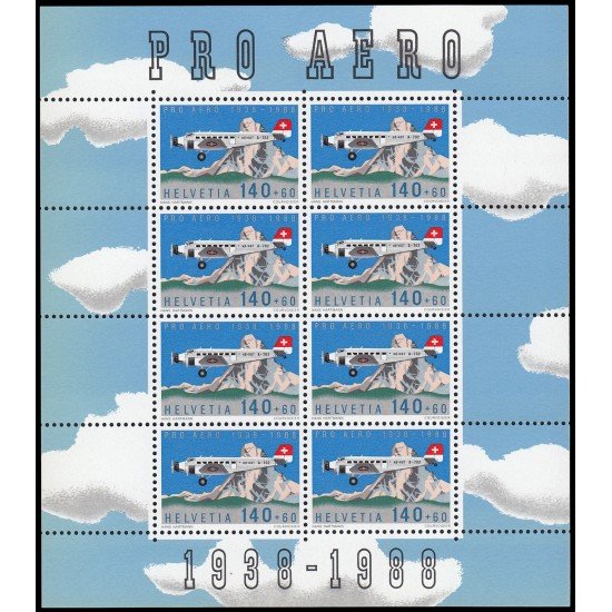 Suiza Switzerland 49-AH 1988 50º Aniv. fundación Pro Aero Avión Mini Hojita 8 sellos Lujo Suiza Switzerland 49-AH 1988 50º Aniv. fundación Pro Aero Avión Mini Hojita 8 sellos Lujo