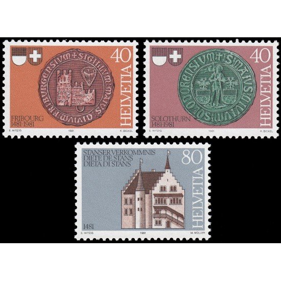 Suiza Switzerland 1132/34 1981 500 Aniv. de la entrada de Friburgo y Solothurn en la Confederación Escudso Edificio MNH Suiza Switzerland 1132/34 1981 500 Aniv. de la entrada de Friburgo y Solothurn en la Confederación Escudso Edificio MNH