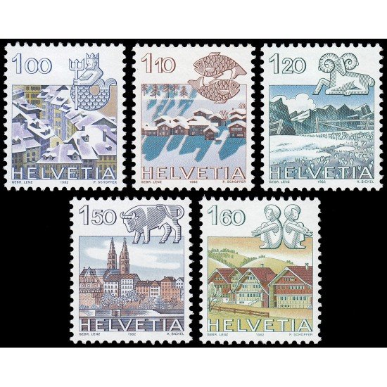 Suiza Switzerland 1156/60 1982 Serie Signos de zodiaco y paisajes MNH Suiza Switzerland 1156/60 1982 Serie Signos de zodiaco y paisajes MNH