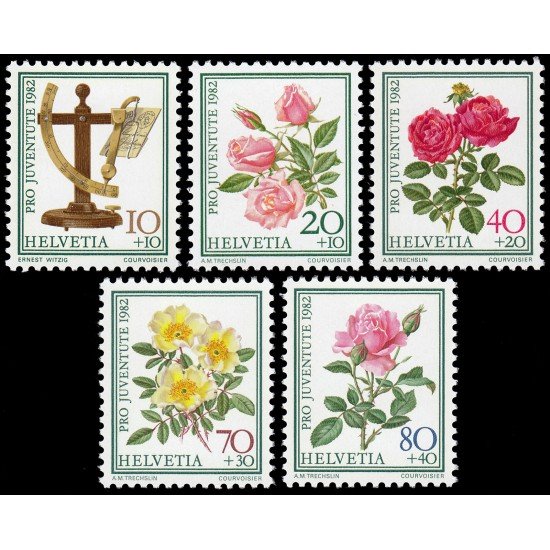 Suiza Switzerland 1165/69 1982 Por la juventud Día del sello Balanza para cartas del S XIX Flora, rosas MNH Suiza Switzerland 1165/69 1982 Por la juventud Día del sello Balanza para cartas del S XIX Flora, rosas MNH