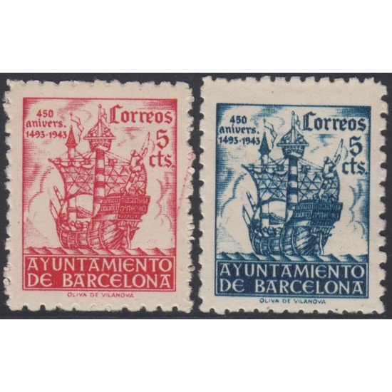 Barcelona 49/50 1943 450 Aniversario  llegada de Colón Barco Boat MNH