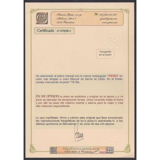 España Carta Prefilatelia a Cádiz Marca YNDIAS Pieza única conocida Certf GRAUS