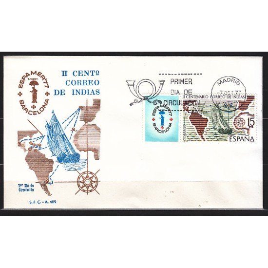 España Spain 2437 1977 Correo de Indias Espamer 77 II Centenario de la Real Ordenanza reguladora del Correo Marítimo SPD Sobre Primer Día España Spain 2437 1977 Correo de Indias Espamer 77 II Centenario de la Real Ordenanza reguladora del Correo Marítimo SPD Sobre Primer Día