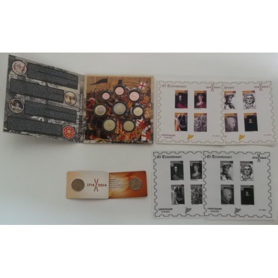 Catalunya Conjunto Pruebas Filatélicas Numismáticas Cartera Euros completo Tricentenari 2014