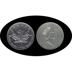 Canadá Canada 1 OZ onza 1992 Maple Leaf Elisabeth II 5 $ Plata Ag