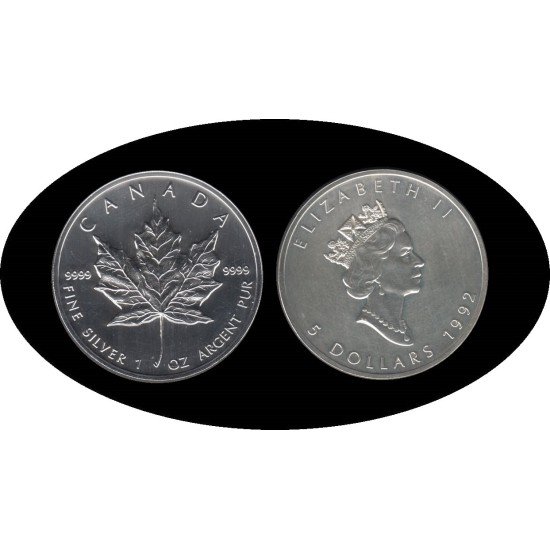 Canadá Canada 1 OZ onza 1992 Maple Leaf Elisabeth II 5 $ Plata Ag