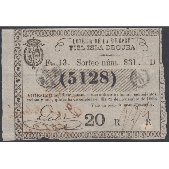 Cuba Lotería De La Isla 23 de Noviembre de 1869 Sorteo nº 830 ( 5128 ) Cuba Lotería De La Isla 23 de Noviembre de 1869 Sorteo nº 830 ( 5128 )