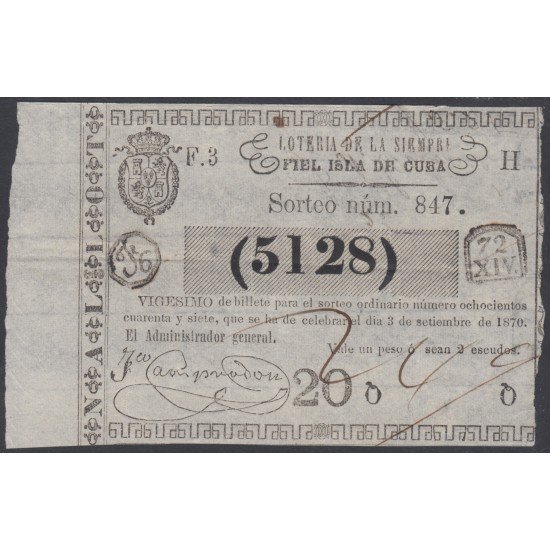 Cuba Lotería De La Isla 03 de Septiembre de 1870 Sorteo nº 847 ( 5128 ) Cuba Lotería De La Isla 03 de Septiembre de 1870 Sorteo nº 847 ( 5128 )