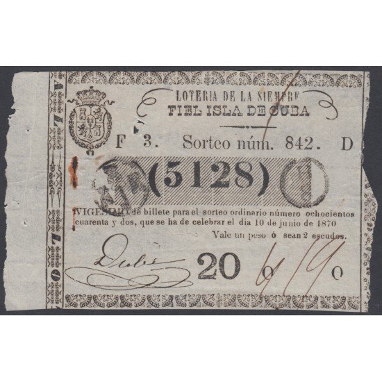 Cuba Lotería De La Isla 10 de Junio de 1870 Sorteo nº 842 ( 5128 ) Cuba Lotería De La Isla 10 de Junio de 1870 Sorteo nº 842 ( 5128 )