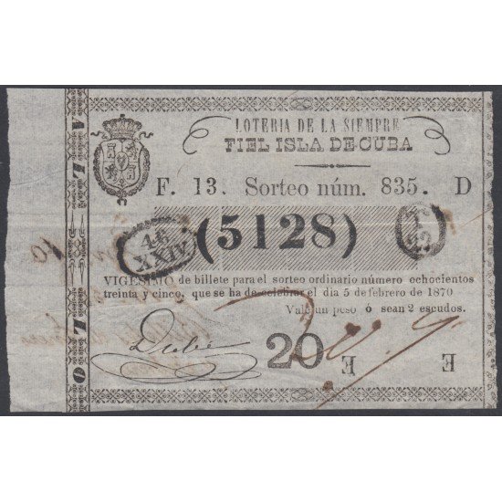 Cuba Lotería De La Isla 05 de Febrero de 1870 Sorteo nº 835 ( 5128 ) Cuba Lotería De La Isla 05 de Febrero de 1870 Sorteo nº 835 ( 5128 )