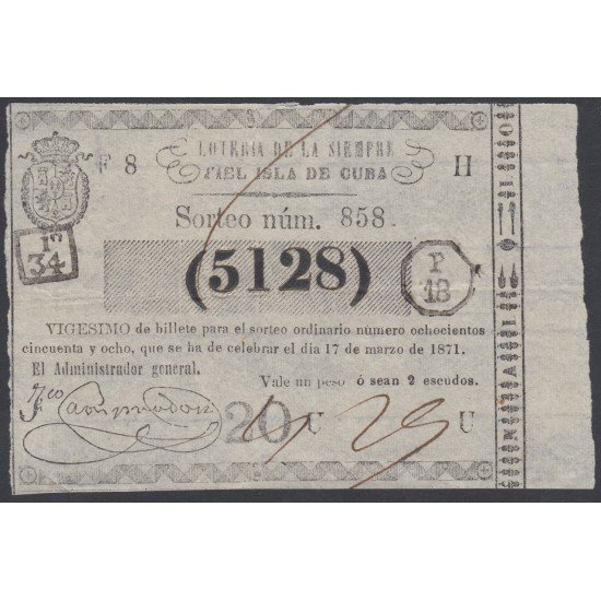 Cuba Lotería De La Isla 17 de Marzo de 1871 Sorteo nº 858 ( 5128 )