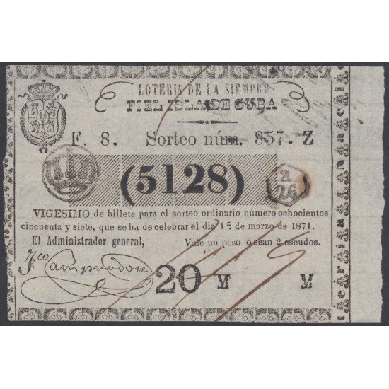 Cuba Lotería De La Isla 01 de Marzo de 1871 Sorteo nº 857 ( 5128 )