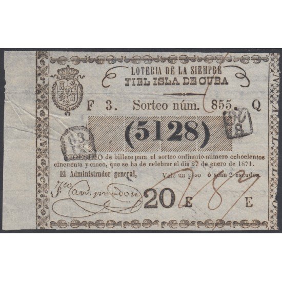 Cuba Lotería De La Isla 27 de Enero de 1871 Sorteo nº 855 ( 5128 ) Cuba Lotería De La Isla 27 de Enero de 1871 Sorteo nº 855 ( 5128 )