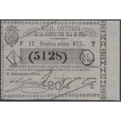 Cuba Lotería De La Isla 05 de Enero de 1872 Sorteo nº 875 ( 5128 )