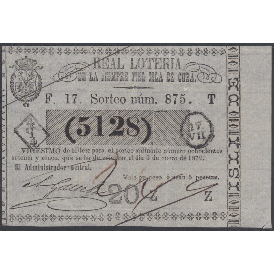 Cuba Lotería De La Isla 05 de Enero de 1872 Sorteo nº 875 ( 5128 ) Cuba Lotería De La Isla 05 de Enero de 1872 Sorteo nº 875 ( 5128 )
