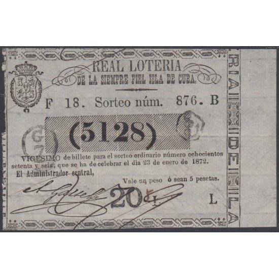 Cuba Lotería De La Isla 23 de Enero de 1872 Sorteo nº 876 ( 5128 ) Cuba Lotería De La Isla 23 de Enero de 1872 Sorteo nº 876 ( 5128 )