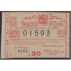 Cuba Lotería De La Isla 20 de Abril de 1885 Sorteo nº 1185 ( 01593 ) Cuba Lotería De La Isla 20 de Abril de 1885 Sorteo nº 1185 ( 01593 )