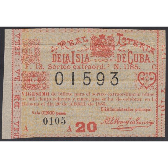 Cuba Lotería De La Isla 20 de Abril de 1885 Sorteo nº 1185 ( 01593 ) Cuba Lotería De La Isla 20 de Abril de 1885 Sorteo nº 1185 ( 01593 )