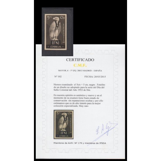 Ifni Fotolito 1952 5 cts + 5 cts negro Día del sello colonial Fauna Ifni Fotolito 1952 5 cts + 5 cts negro Día del sello colonial Fauna