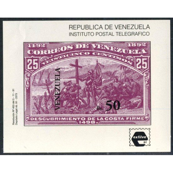 COL Venezuela HB 35 1991 Descubrimiento de la Costa Firme 1498 MNH Sin dentar COL Venezuela HB 35 1991 Descubrimiento de la Costa Firme 1498 MNH Sin dentar