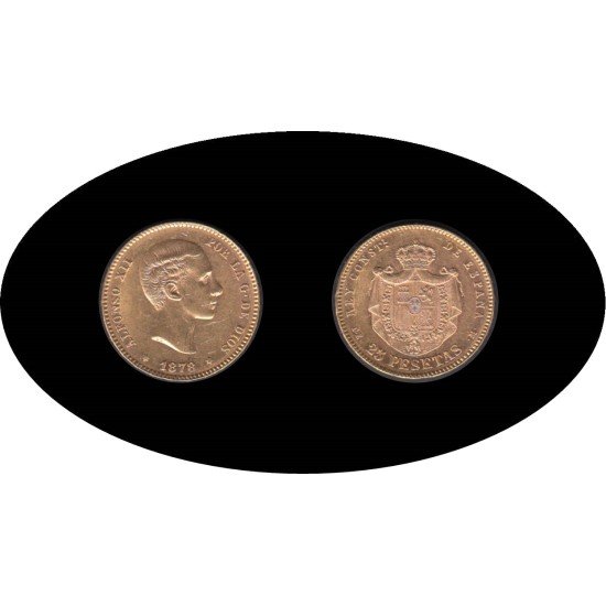 España Spain 25 ptas 1878 Alfonso XII DE M oro gold Au España Spain 25 ptas 1878 Alfonso XII DE M oro gold Au