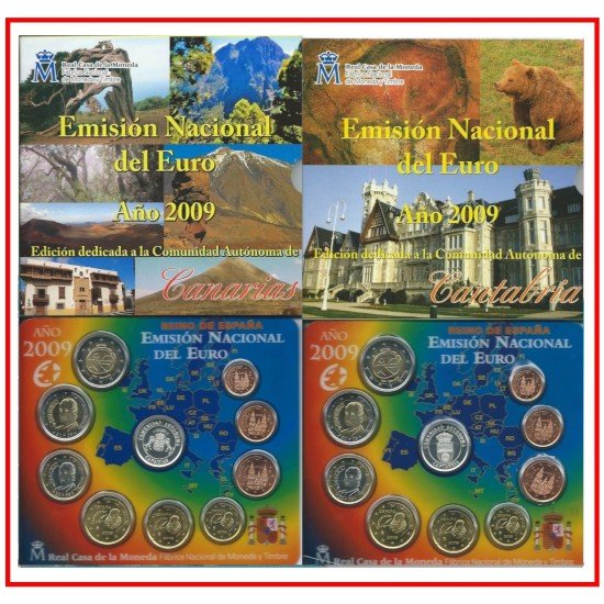 España Spain 2009 2 Carteras Oficiales Euros € Serie Autonomías Canarias y Cantabria + 2€ com. EMU + 2 medallas plata escudo España Spain 2009 2 Carteras Oficiales Euros € Serie Autonomías Canarias y Cantabria + 2€ com. EMU + 2 medallas plata escudo